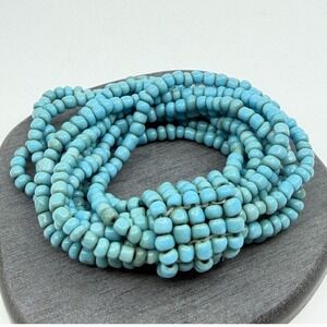 Turquoise Tone Blue Seed Bead Multi Strand Stretch Bracelet Statement Wide Cuff